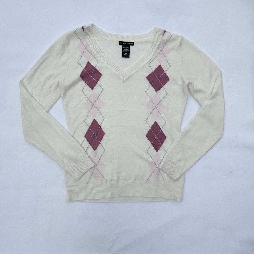 Preppy Barbiecore Lightweight V-Neck Argyle Sweater Pink New York Company XS